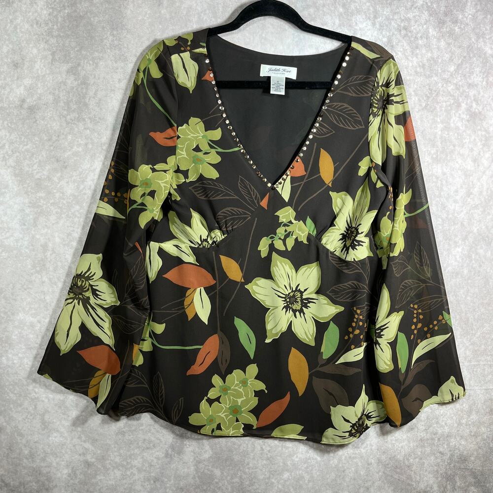 Judith Hart Blouse Womens 12 Brown Green Floral Sheer Sequin V-Neck Boho Casual